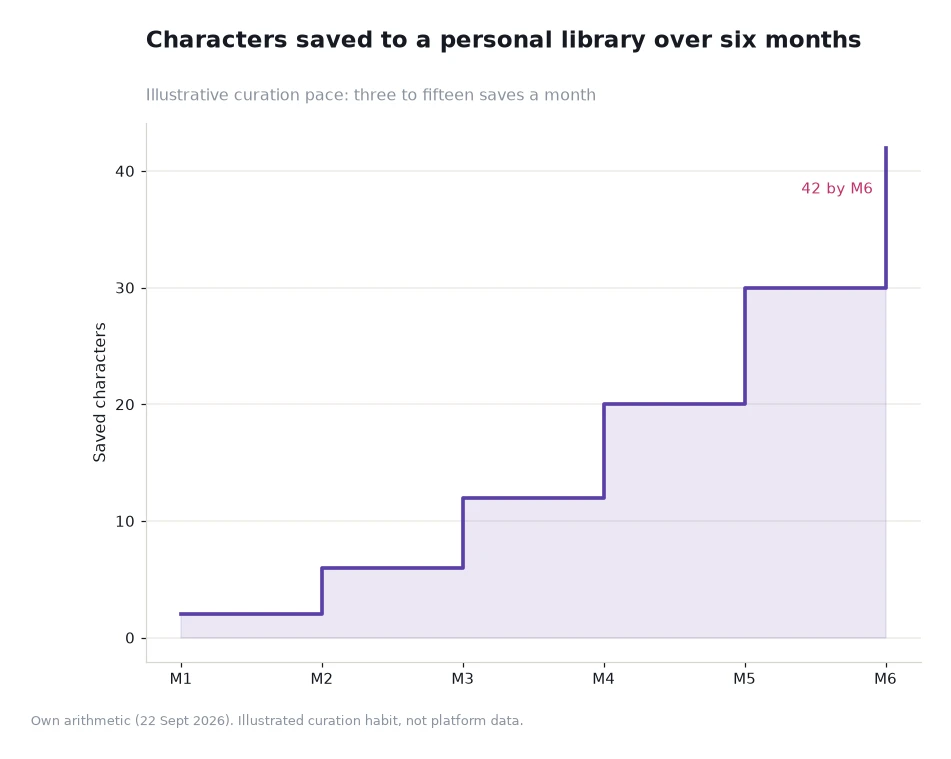 Step chart of saved characters rising across six months from two to forty-two